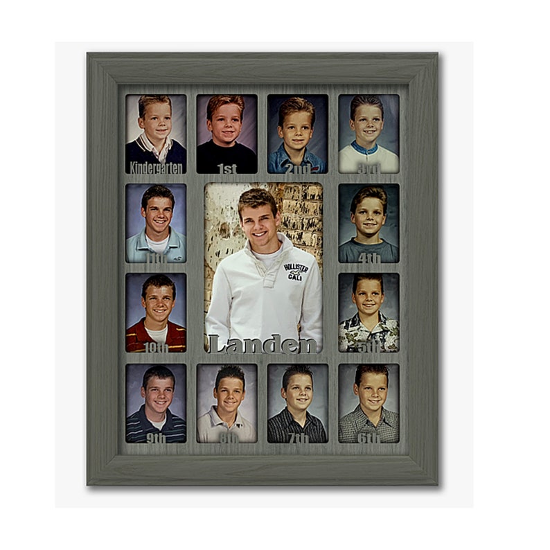 School Years Picture Frame - Personalized - Holds Twelve 2.5' x 3.5' School-Year Photos and 5' x 7' Graduation Picture (Dark Gray Frame) 