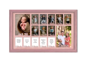 Baby First Year Personalized Frame - Holds Thirteen 2.5" x 3.5" Newborn Photos and Two 5" x 7" - 12x20 (Shown with Pink Frame)