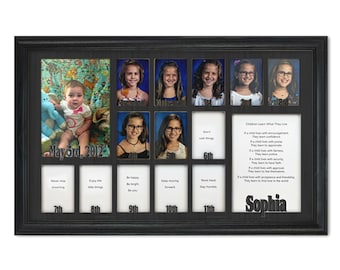 School Years Picture Frame - Personalized - Holds Twelve 2.5" x 3.5" School Year Photos and 5" x 7" Graduation Picture 12x20 (Black)