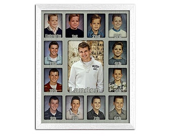 School Years Picture Frame - Personalized - Holds Twelve 2.5" x 3.5" School-Year Photos and 5" x 7" Graduation (3/4 Modern Thin White Frame)