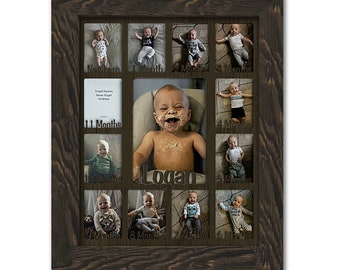 May include: A brown wooden photo frame with 12 openings for pictures. The frame has a white inscription that says "Forget injuries, never forget kindness." and the name "Logan". The frame is designed to hold photos of a baby at different ages, with the months of the year labeled below each opening.