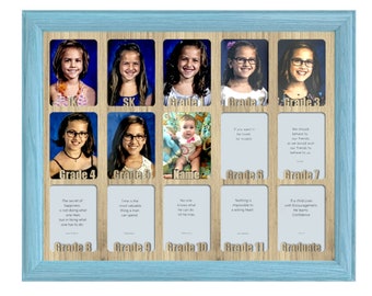 School Years Picture Frame - JK SK Grade 1 etc. - Personalized - Holds Twelve 2.5" x 3.5" School-Year Photos ( Aqua Frame Unfinished Mat)