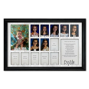 School Years Picture Frame - Personalized - Holds Thirteen 2.5" x 3.5" School-Year Photos and 5" x 7" Graduation Picture 12x20 (Black Frame)