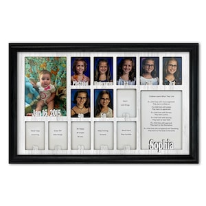 School Years Picture Frame - Personalized - Holds Thirteen 2.5&quot; x 3.5&quot; School-Year Photos and 5&quot; x 7&quot; Graduation Picture 12x20 (Black Frame)