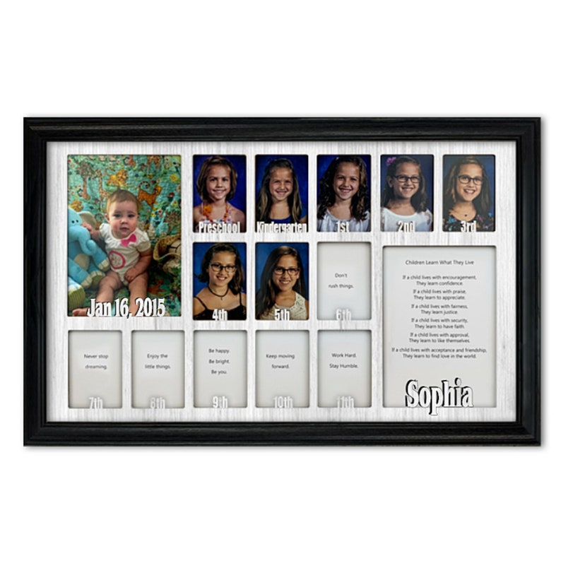 School Years Picture Frame - Personalized - Holds Thirteen 2.5' x 3.5' School-Year Photos and 5' x 7' Graduation Picture 12x20 (Black Frame) 