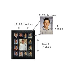 May include: A black picture frame with a collage of 16 photos. The frame is 12.75 inches wide and 15.75 inches tall. Each photo is 2.25 inches wide and 3 inches tall.