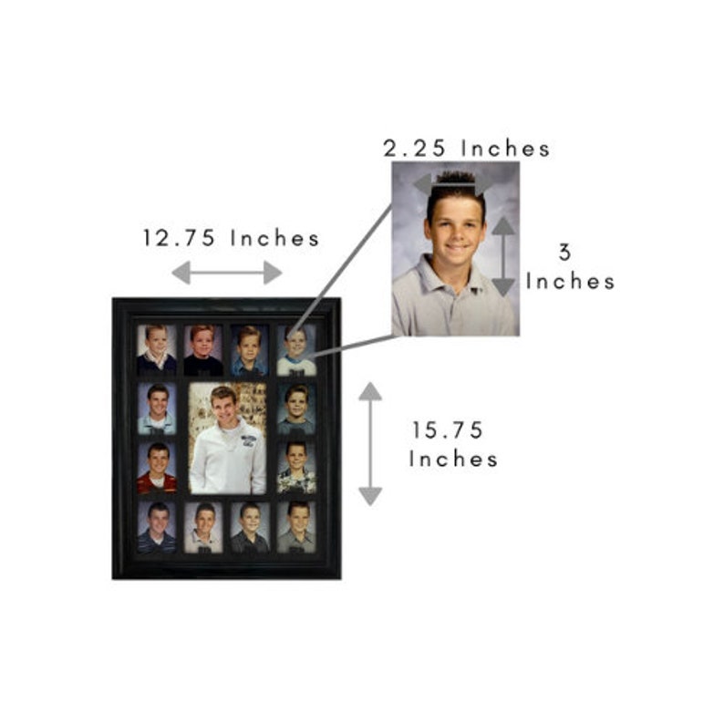 May include: A black picture frame with a collage of 16 photos. The frame is 12.75 inches wide and 15.75 inches tall. Each photo is 2.25 inches wide and 3 inches tall.