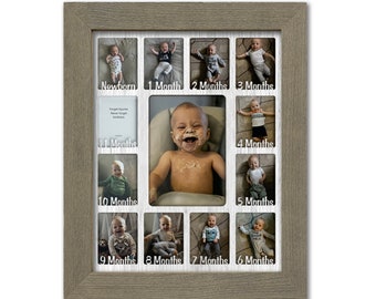 Baby First Year Frame - (Non-Personalized) Holds Twelve 2.5" x 3.5" Newborn Photos and 5" x 7" One Year Picture, Nursery Gift Light Gray