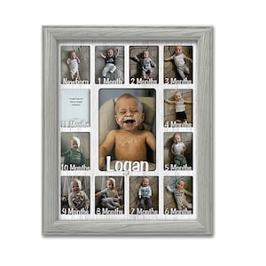Gepersonaliseerde lijst baby eerste jaar: ruimte voor twaalf foto&#39;s van pasgeboren baby&#39;s en foto&#39;s van 5 x 7 inch, cadeau voor babykamer (lichtgrijs lijst)