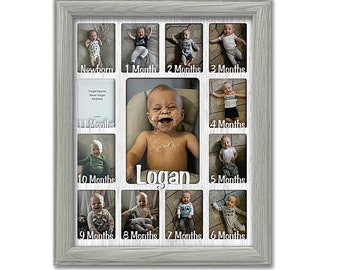 May include: A grey picture frame with 12 openings for photos. The frame is decorated with the name "Logan" and the numbers 1 through 12, representing months. Each opening has a photo of a baby boy at different ages.