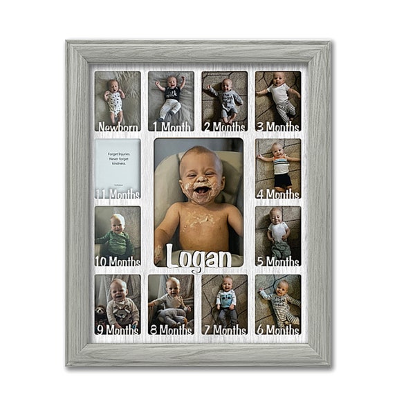Baby First Year Personalized Frame - Holds Twelve 2.5" x 3.5" Newborn Photos and 5" x 7" One Year Picture, Nursery Gift (Light Gray Frame)