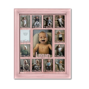Baby First Year Personalized Frame Holds Twelve 2.5 x 3.5 Newborn Photos and 5 x 7 One Year Picture, Nursery Gift Pink Frame image 1
