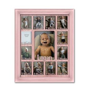 Baby First Year Personalized Frame - Holds Twelve 2.5" x 3.5" Newborn Photos and 5" x 7" One Year Picture, Nursery Gift (Pink Frame)