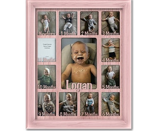 Baby First Year Personalized Frame - Holds Twelve 2.5" x 3.5" Newborn Photos and 5" x 7" One Year Picture, Nursery Gift (Pink Frame)