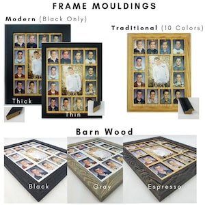May include: Three different styles of picture frames for a collage of photos. The first style is a modern black frame with a thick or thin option. The second style is a traditional wood frame with 10 color options. The third style is a barn wood frame with black, gray, or espresso color options.