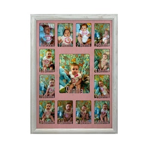 Baby First Year Picture Frame - 4x6 Pictures 8x10 Center - Personalized With Any Name - 10 Color Options - Vertical - 19x27