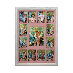 May include: A pink wooden photo frame with 12 openings for pictures. The frame has a white border and is decorated with a baby's name, "Sophia", and the words "Newborn", "1 Month", "2 Months", "3 Months", "4 Months", "5 Months", "6 Months", "7 Months", "8 Months", "9 Months", "10 Months", and "11 Months".