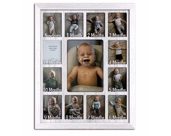 Baby First Year Frame - (Non-Personalized) Holds Twelve 2.5" x 3.5" Newborn Photos and 5" x 7" One Year Picture, Nursery Gift Modern Frame