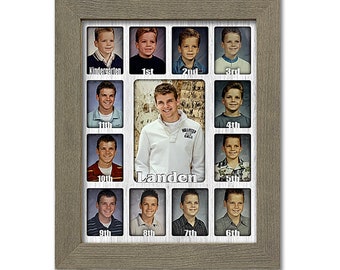 School Years Picture Frame - Personalized - Holds Twelve 2.5" x 3.5" School-Year Photos and 5" x 7" Graduation Picture (Barnwood Gray Frame)