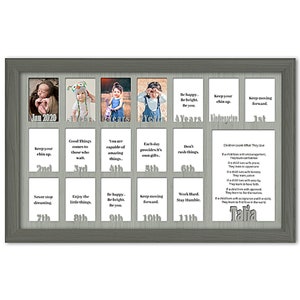 School Years Picture Frame - Personalized Name and Date - Full 18 Years - Holds Seventeen 2.5" x 3.5" and 5" x 7" Photos 12x20 Dark Gray