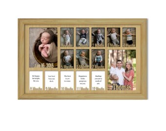 May include: A wooden photo frame with 12 openings for pictures, each labeled with a month of the year. The frame includes a picture of a baby at each month, and a family photo in the last opening. The frame is labeled with the date "Jan 16, 2015" and the name "Thomas".