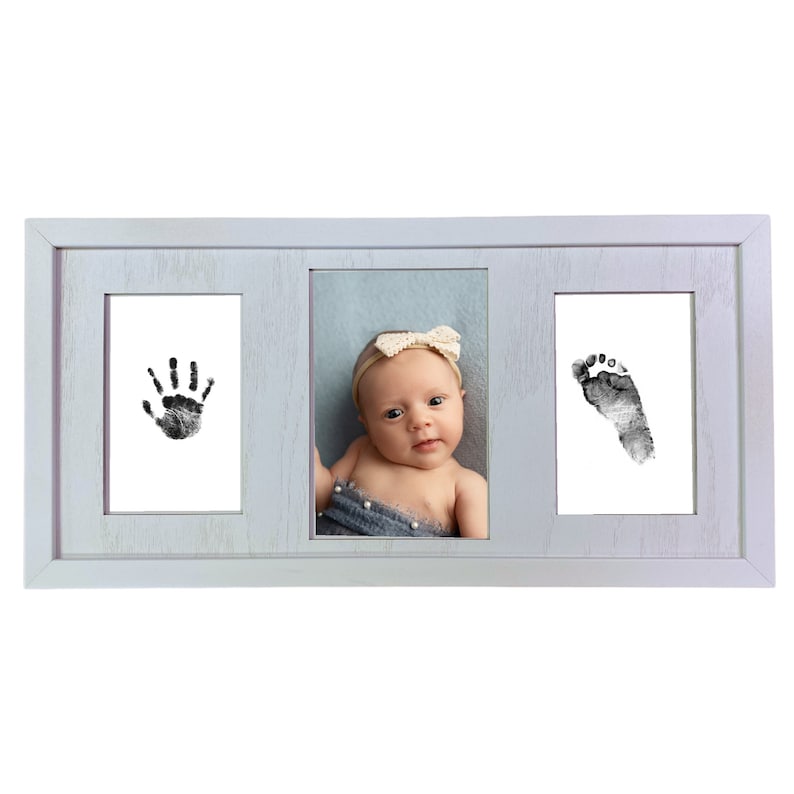 Baby Handprint and Footprint Picture Frame Kit - Safe No Mess Inkless Pad - Baby Shower New Mom Gift Newborn White and White