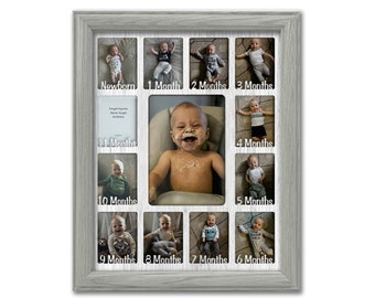 Baby First Year Frame - (Non-Personalized) Holds Twelve 2.5" x 3.5" Newborn Photos and 5" x 7" One Year Picture, Nursery Gift Light Gray