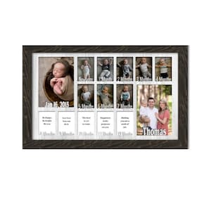 Marco personalizado &quot;Primer año de bebé&quot; - Capacidad para trece fotos de recién nacido de 6,35 x 8,9 cm y dos de 13 x 18 cm - 30 x 50 cm (se muestra con marco Barnwood Espresso).