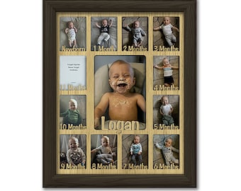 Baby First Year Personalized Frame - Holds Twelve 2.5&quot; x 3.5&quot; Newborn Photos and 5&quot; x 7&quot; One Year Picture, Nursery Gift (Espresso Frame)