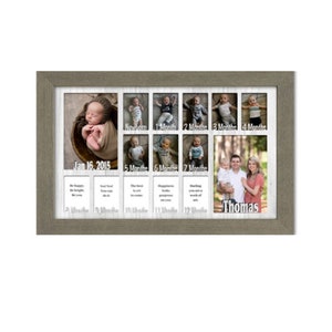 Personalisierter Rahmen für Babys im ersten Jahr - für dreizehn Neugeborenenfotos 2,5 "x 3,5" und zwei 13 "x 18" - 12x20 Gezeigt in Barnwood Grey Frame