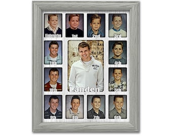 School Years Picture Frame - Personalized - Holds Twelve 2.5" x 3.5" School-Year Photos and 5" x 7" Graduation Picture (Light Gray Frame)