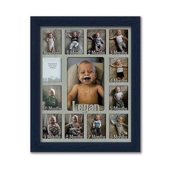 Marco personalizado "Primer año" para bebé: contiene doce fotos de recién nacido de 6,35 x 8,9 cm y una foto de un año de 13,7 x 18 cm. Regalo para la habitación de tu bebé (marco azul marino).