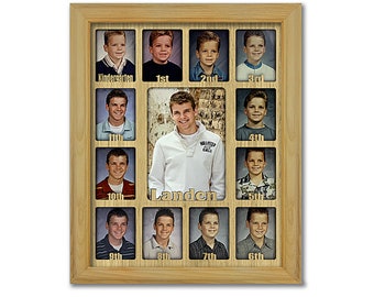 School Years Picture Frame - Personalized - Holds Twelve 2.5" x 3.5" School-Year Photos and 5" x 7" Graduation Picture (Oak Frame)
