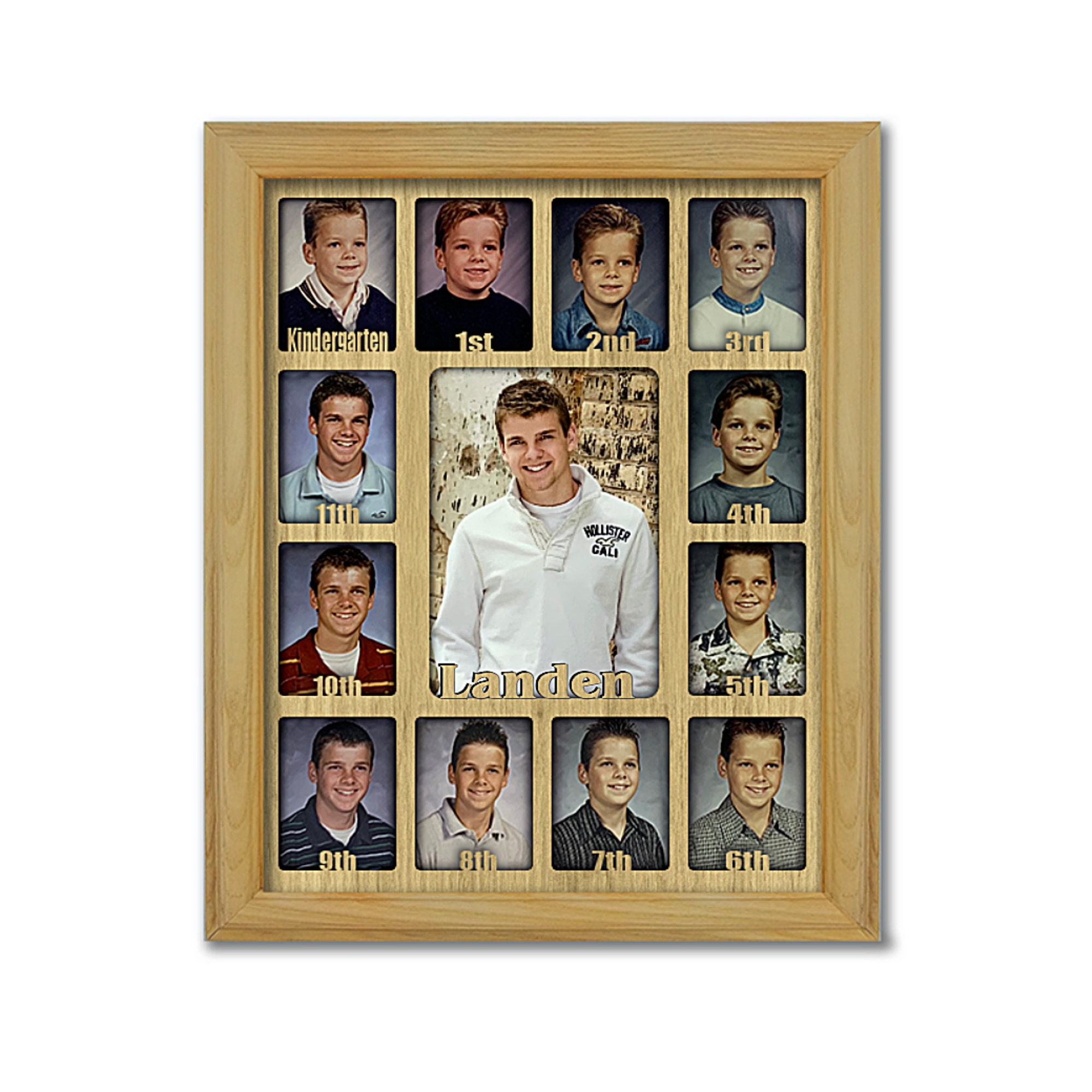 School Years Picture Frame - Personalized - Holds Twelve 2.5" x 3.5" School-Year Photos and 5" x 7" Graduation Picture (Oak Frame)