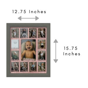 May include: A gray picture frame with a pink mat and 10 openings for photos. The frame is 12.75 inches wide and 15.75 inches tall. Each opening has a white label with the text "Newborn", "1 Month", "2 Months", "3 Months", "4 Months", "5 Months", "6 Months", "7 Months", "8 Months", "9 Months", "10 Months", and "Logan".
