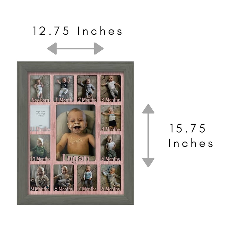 May include: A gray picture frame with a pink mat and 10 openings for photos. The frame is 12.75 inches wide and 15.75 inches tall. Each opening has a white label with the text "Newborn", "1 Month", "2 Months", "3 Months", "4 Months", "5 Months", "6 Months", "7 Months", "8 Months", "9 Months", "10 Months", and "Logan".