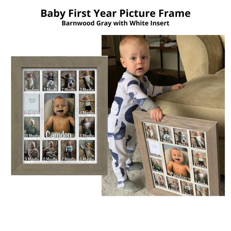 May include: A gray wooden picture frame with a white insert. The frame has 12 openings for photos, each with a white mat. The frame is designed to hold photos of a baby's first year, with labels for each month. The name "Camden" is written on the frame.
