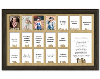 School Years Picture Frame - Personalized Name and Date - Full 18 Years - Holds Seventeen 2.5" x 3.5" and 5" x 7" Photos 12x20 Espresso Fram