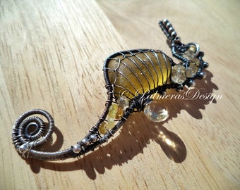 YELLOW CITRINE seahorse wire wrapped seaglass pendant.