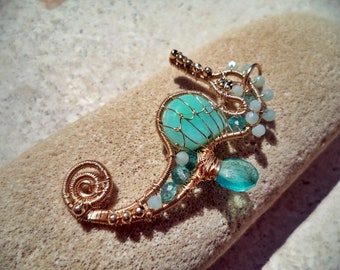 ELECTRIC BLUE seahorse wire wrapped gemstone pendant.