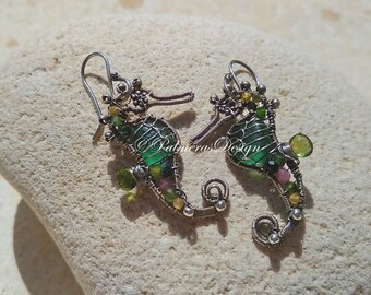 TINY GREEN seahorse wire wrapped seaglass earrings.