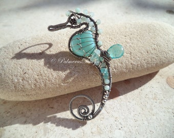 SKY BLUE seahorse wire wrapped gemstone pendant.