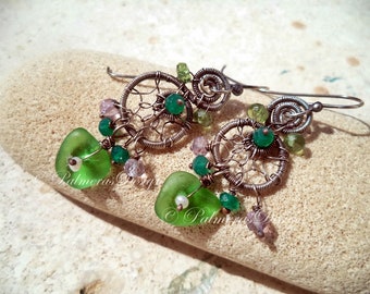 APPLE GREEN wire wrapped seaglass earrings.