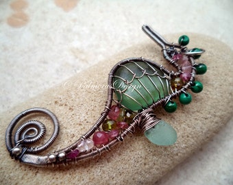 GREEN seahorse wire wrapped seaglass pendant