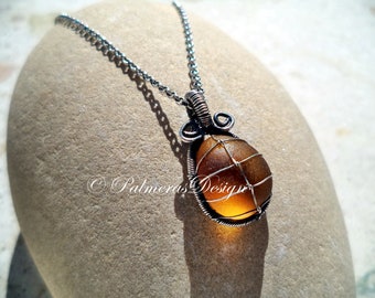 HONEY DROP wire wrapped seaglass pendant.