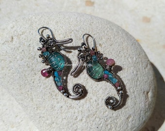 AQUA TEAL seahorse wire wrapped seaglass earrings.