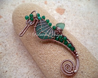 TEAL GREEN seahorse wie wrapped seaglass pendant.