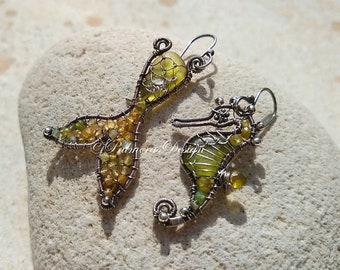 CITRON seahorse and mermaid tail wire wrapped seaglass earrings.