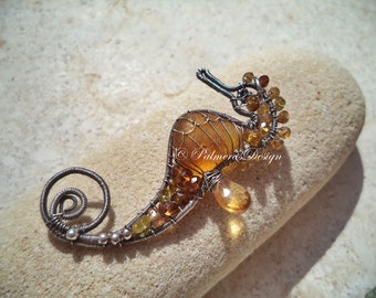 AMBER HONEY seahorse wire wrapped seaglass pendant.