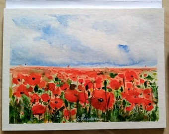 POPPIES FIELD. Original watercolor.